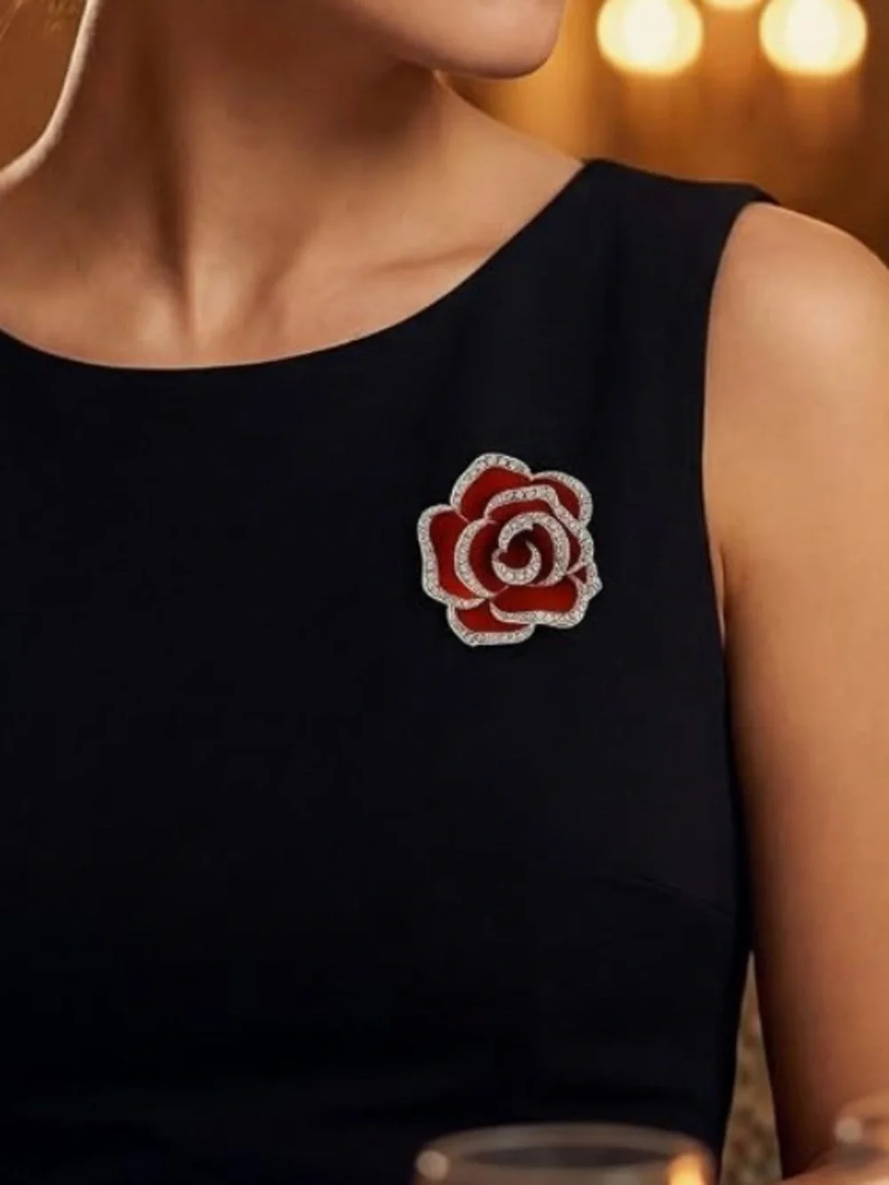 Anthropologie Red Rose Crystal-Edged Enamel Brooch